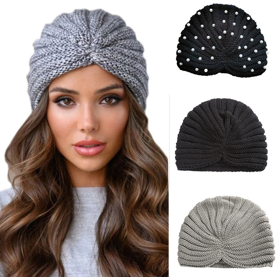 New Winter Knitted Nail Pearl Headscarf Hat Bohemian Knotted Warm Headband